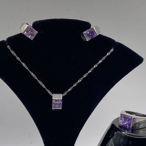 Vintage Park Lane 3 Piece Set Silver Tone Faux Amethyst Ring Sz7 Clip Earrings